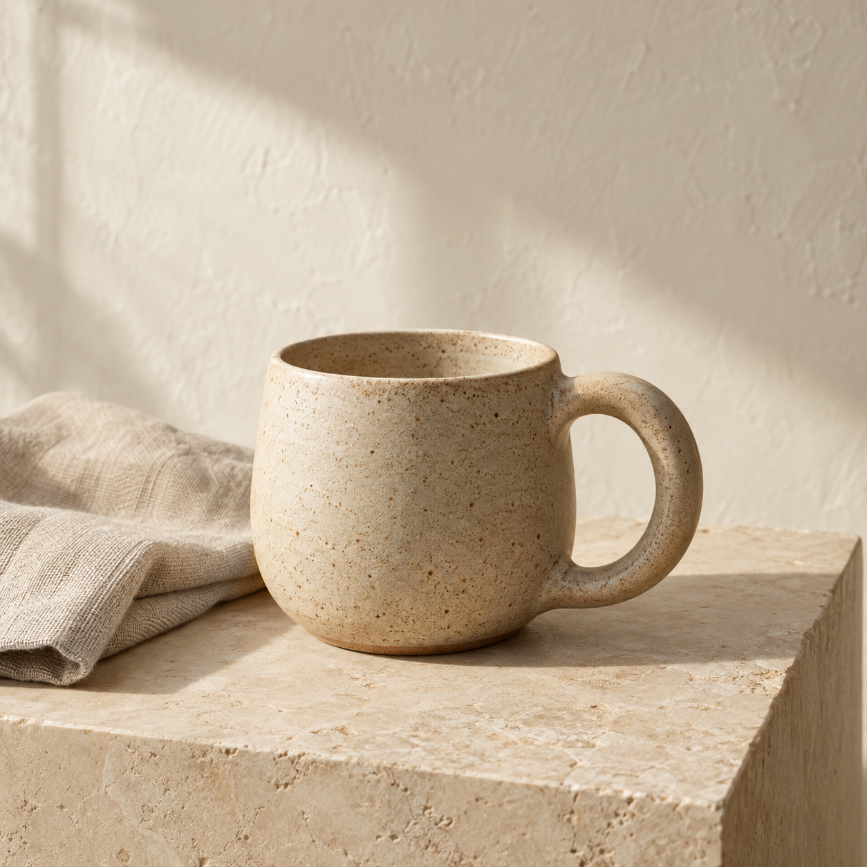 Handmade sand-colored stoneware mug on limestone beside natural linen